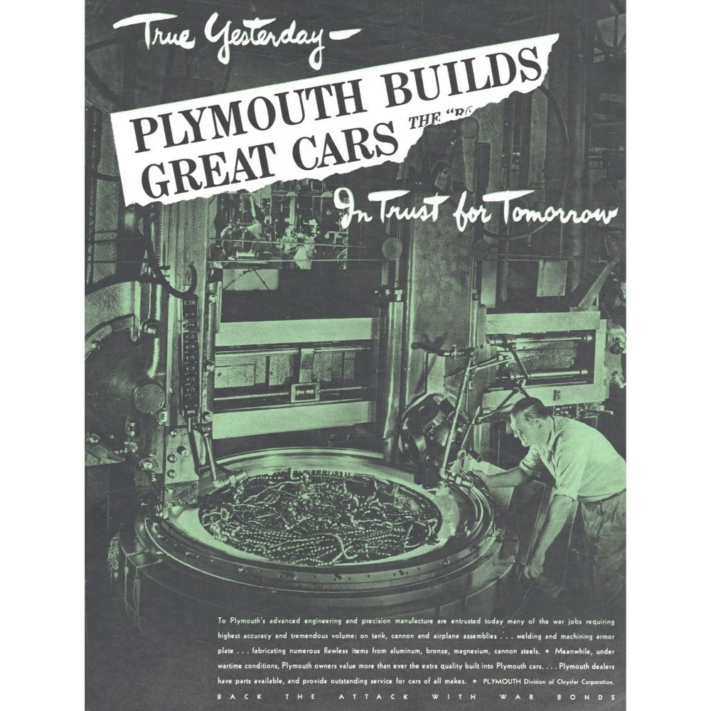 1944 Plymouth Builds Great Cars Vintage Print Ad WW2 War Effort War Bonds Art